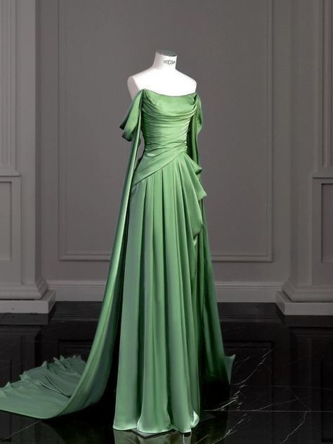 Aesthetic Green Prom Dress, Ginger Hair Green Dress, Emerald Dress Aesthetic, Green Gown Aesthetic, Sage Green Ball Gown, Purple Satin Prom Dress, Gown Aesthetic, Green Ball Gown, Chic Evening Dress