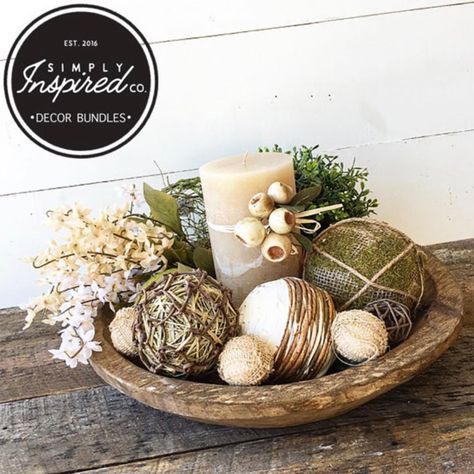 83 Likes, 1 Comments - Simply Inspired, Mike & Patti (@thesimplyinspiredshop) on Instagram: “I just listed this decor bundle in our Etsy Shop the dough bowl is 16" round and filled with all…” Wooden Bowls Centerpiece, Wooden Bowls Decor, Dough Bowl Centerpiece, Christmas Coffee Table Decor, Kitchen Table Centerpiece, Dining Room Table Centerpieces, Christmas Dining Table, Faux Floral Arrangement, Decor Bundle