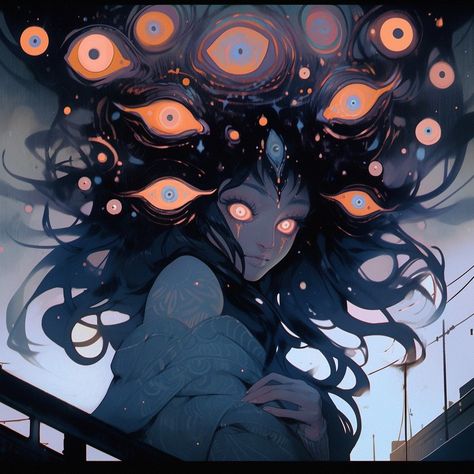 Eyes On Arms Art, Corrupted Oc Art, Vampress Art, Creature With Many Eyes, Eldritch Oc Art, Galaxy Hair Art, Gothic Witch Art, Third Eye Character Design, Creepy Anime Art