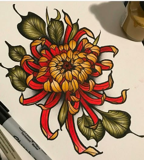 Spidermum Flowers Tattoo, Neo Traditional Chrysanthemum, Mum Flower Tattoo, Mum Flowers Tattoo, Spider Mum Flower, Crisantemo Tattoo, Flower Tattoo Meaning, Chrysanthemum Flower Tattoo, Mum Tattoo