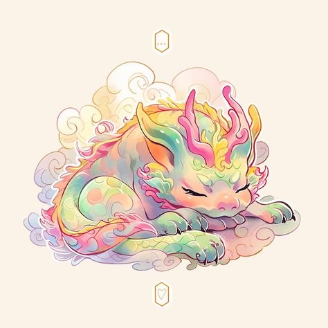 Cute colorful doodle illustration of a sleeping dragon Dragons Sleeping, Dragon Illistrations, Dragon Sleeping Drawing, Dragons Illustration, Tiny Dragons Art, Sleeping Dragon Illustration, Dragon Sleeping, Sleeping Dragon, Cute Dragon