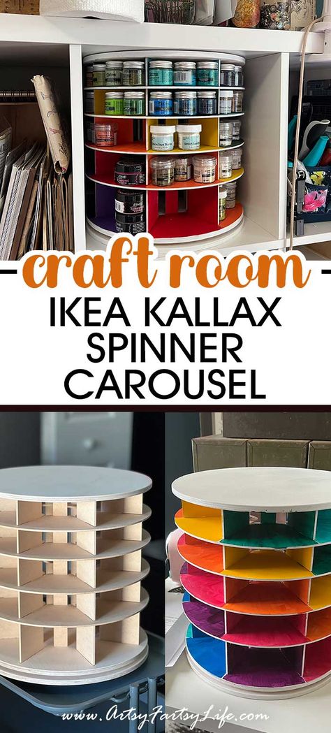 Wicked Cool Ikea Kallex Carousel Spinner Craft Cube Storage Ideas, Craft Room Small Space Ideas, Craft Storage Small Space, Ikea Alex Craft Storage, Small Craft Storage Ideas, Craft Room Storage Shelves, Ikea Kallax Painted, Tiny House Craft Room, Craft Machine Storage