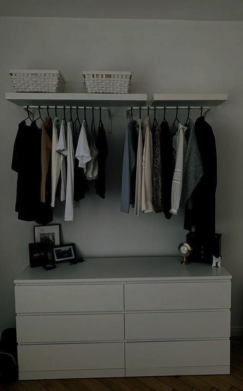 Mari Kondo Closet, Clothing Rack On Wall, Bedroom Men Minimalist, Men’s Apartment Bedroom, Room With No Closet Ideas, Small Bedroom Clothes Storage, Small Bedroom Men, No Closet Solutions Bedroom, Clothing Room