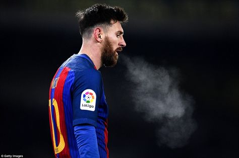 Messi's breath condenses in front of him on a bitterly cold evening in San Sebastian Messi Cold, Leo Messi Barcelona, Lionel Messi 2017, Lionel Messi Skills, Messi 2017, Broadcast Graphics, L Messi, Lionel Messi Fc Barcelona, Messi Barcelona