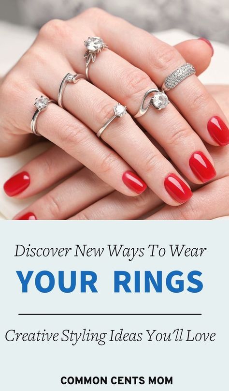 Do you have a few rings that you never wear? Whatever the reason, there's no need to keep rings you don't wear in a box somewhere collecting dust. With a little imagination, you can style them in new ways that breathe new life into old pieces. Find out more at www.commoncentsmom.com | life hacks Multiple Rings, Text Graphics, Mother Rings, Fidget Rings, Dramatic Look, Frugal Living Tips, Save Money On Groceries, Large Ring, Living Tips