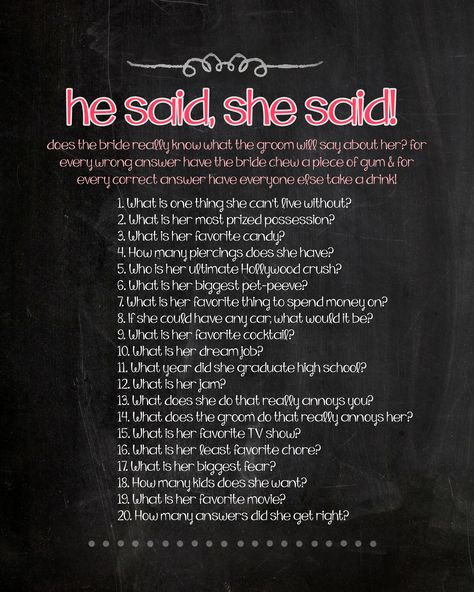 poster print or smaller. He said she said game! Ask the groom these questions and see what the bride gets right/wrong. For every right answer, the girls take a drink. For every wrong answer, the bride adds a piece of gum. See how much she has when she's done! Would He Rather Groom Game, Questions For Groom About Bride, Questions To Ask Groom For Bachelorette, The Groom Said What Game, Questions To Ask Bride And Groom Game, Bride Or Groom Questions, Bridal Shower Questions For Groom, Groom Questions For Bachelorette Party, Ask The Groom Bachelorette Game