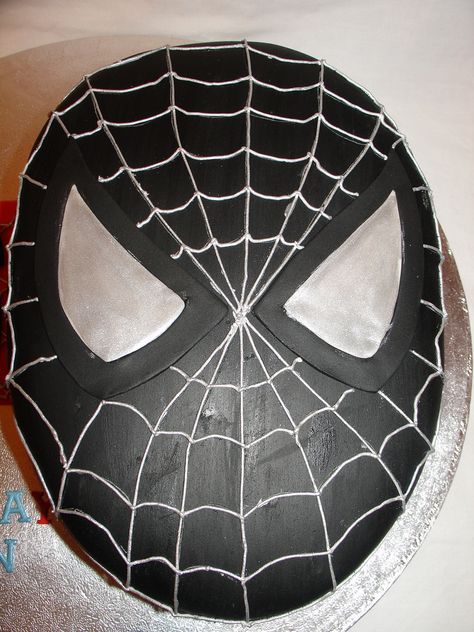 Black Spiderman Head Fondant Cake - CakeCentral.com Marvel Birthday Cake, Spiderman Theme Party, Spiderman Noir, 12th Birthday Cake, Spiderman Birthday Cake, Birthday Party Snacks, Spiderman Theme, Spiderman Birthday Party, Black Spiderman