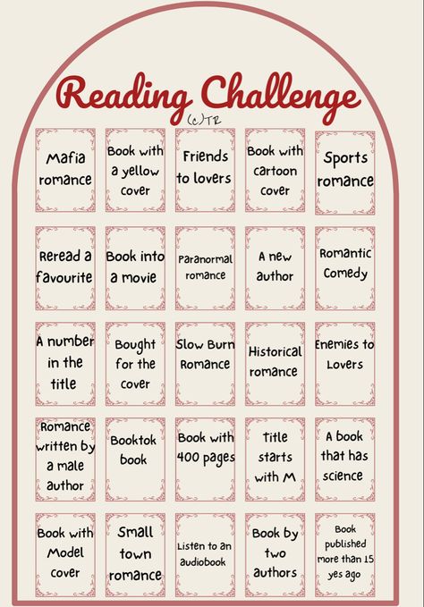 Book Trope Challenge, Reading Journal Ideas Layout Printable Free, Reading Challenge Bullet Journal, Tbr Prompts, Romance Reading Challenge, Reading Challenge Template, Book Journal Ideas Layout, Book Bucket List, Book Journal Ideas