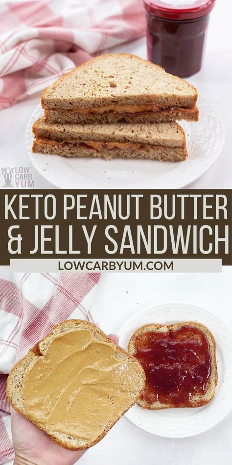 Craving a childhood favorite? Here's a blast from the past! This keto peanut butter and jelly sandwich is a wonderfully low-carb and high-fiber lunch that won't kick you out of ketosis! Keto Peanut Butter Sandwich, Keto Peanut Butter And Jelly, High Protein Peanut Butter, Peanut Butter Jelly Sandwich, Peanut Butter And Jelly Sandwich, Sugar Free Jam, Keto Peanut Butter, Jelly Sandwich, Peanut Butter Marshmallow