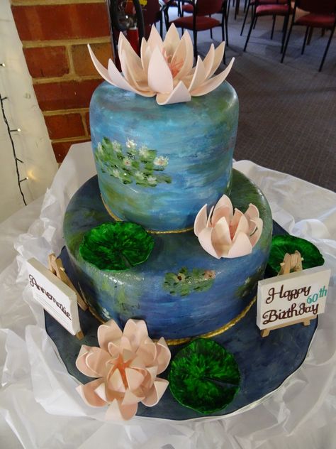 Hand painted fondant cake inspired by Monet's water lily paintings. Description from pinterest.com. I searched for this on bing.com/images Buttercream Paint, Jessica Blair, Lily Cake, Artist Cake, Painting Food, Frosting Techniques, Hand Painted Cakes, Underwater Theme, Monet Water Lilies