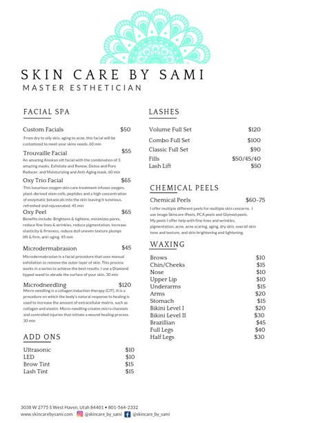 Small Day Spa Ideas, Esthetician Menu Price List, Service Menu Esthetician, Esthetician Menu Ideas, Esthetician Must Have, Service Menu Spa, Price List Esthetician, Esthetician Facial Price List, Esthetician Prices