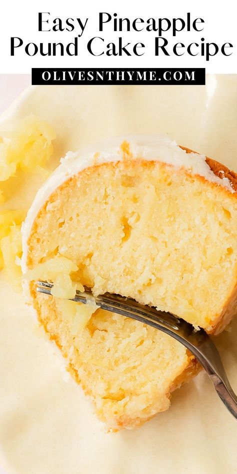 This pineapple pound cake is a rich, dense and tender cake filled with crushed sweet, tropical pineapple. Top with this pineapple cake with a bright and creamy pineapple glaze. Enjoy this easy to make, tropical twist on old fashioned pound cake for breakfast, brunch or dessert. Pineapple Bundt Poke Cake, Keylime Pound Cake Southern Living, Pineapple Sour Cream Cake, Honeybun Pound Cake From Scratch, Krispy Kreme Pound Cake, Fresh Pineapple Cake Recipes, Pineapple Pound Cake Recipe Bundt Pans, Pineapple Sponge Cake, Coconut Pineapple Pound Cake