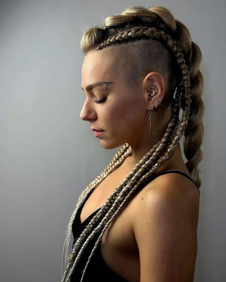 Female Viking Hairstyles Braids, Viking Braids With Undercut Women, Viking Braids Undercut, Long Hair Shaved Sides Female Viking, Viking Hair Shaved Sides Women, Punk Half Up Half Down Hair, Braid In Fake Hair, Cornrows Shaved Sides, Mohawk Braids With Shaved Sides