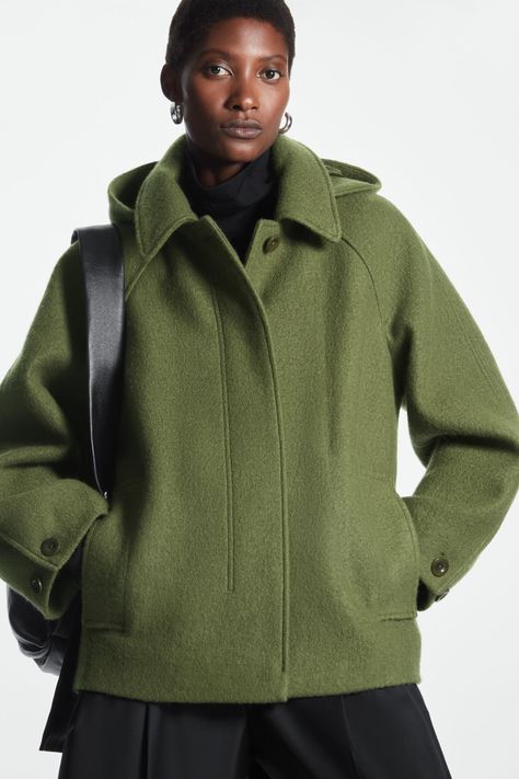 HOODED BOILED-WOOL COAT - DARK GREEN - COS Dark Green Coat, Boiled Wool Coat, Green Wool Coat, Boiled Wool Jacket, Coat Pocket, Boiled Wool, Green Coat, Green Wool, Long Sleeve Midi