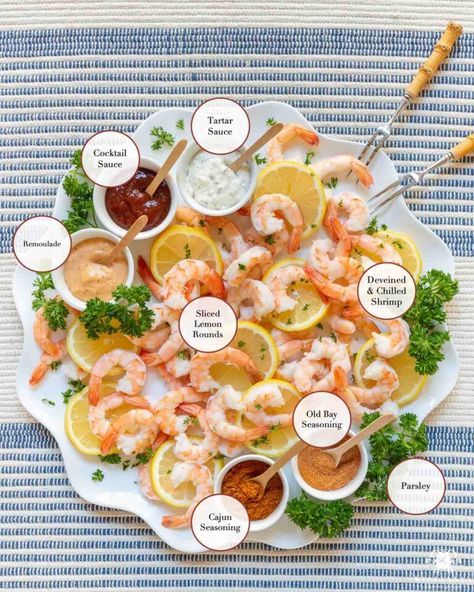 Shrimp Charcuterie Board (+ 12 Unique Charcuterie Themes!) - Kelley Nan Shrimp Platter Ideas Appetizers, Seafood For Party, Seafood Board Ideas, Shrimp Board Ideas, Charcuterie Board Seafood, Themed Grazing Boards, Shrimp Tray Ideas, Shrimp Party Food, Shrimp Charcuterie Board Ideas