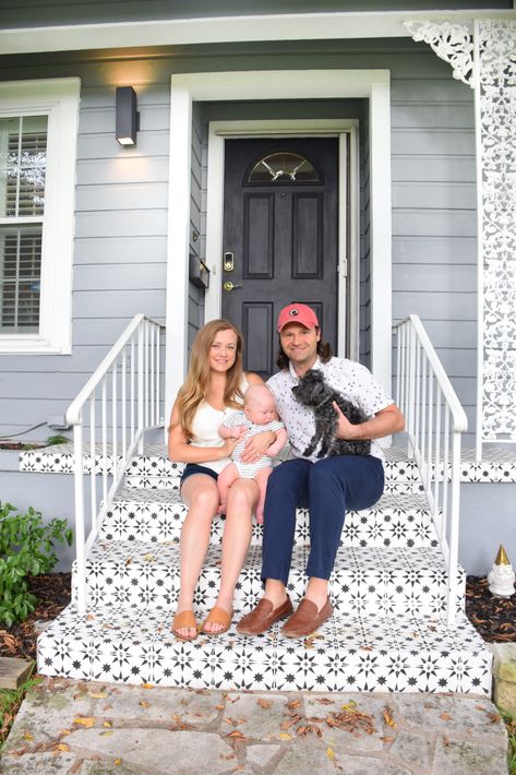 How To Paint Cement Steps To Look Like Tile! I am sharing this easy tutorial that made our home's front steps a total show stopper! Talk about curb appeal! We've been updating our 1950's charmer and having so much fun making this little house our home! One of the biggest changes we made on the Painted Outdoor Stairs Front Steps, Stenciled Concrete Stairs, Tile Concrete Steps, Tile Front Steps, Stencil Concrete Steps, Paint Cement Steps, Painted Cement Steps, Painting Cement Steps, Tile Stairs Outdoor Front Steps