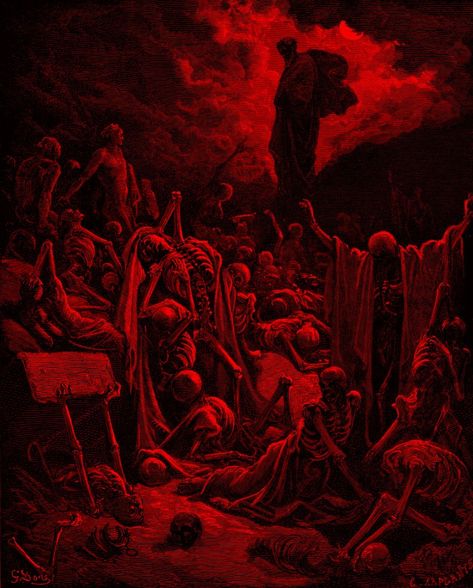 Dry Bones, Art Noir, Gustave Dore, Red Walls, Red Aesthetic, Coven, Red Background, Black Art, A Group