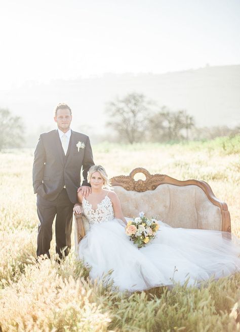 Vintage Settee for Stunning Magic Hour Rustic Wedding Photos  https://heyweddinglady.com/sunshine-wildflowers-rustic-wedding-day/    #wedding #weddings #weddingideas #rusticwedding #summerweddings #blueweddings #weddingdress #blushbyhayleypaige #brides #bridalstyle #bouquet #bridalbouquet #vintageweddings California Hills, Vintage Settee, Rustic Wedding Photos, Outdoor Wedding Photography, Rustic Wedding Inspiration, Wedding Picture Poses, Wedding Kiss, Magic Hour, Wedding Photos Poses