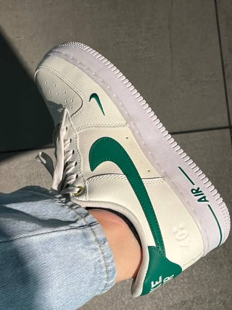 #nike airforceone #white #green #shoes Green Airforce 1 Outfit Women, Green And Yellow Shoes, Green Nike Shoes Outfit, Nike Air Force Green, Nike Green Shoes, Nike Shoes Green, Nike Air Force 1 Green, Green Nike Air Force, Green Nikes