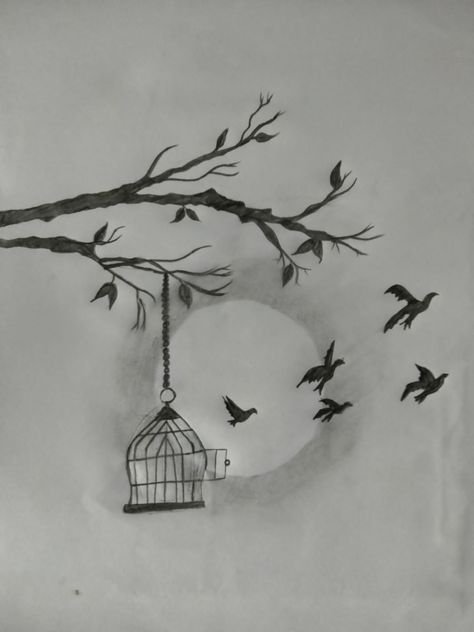 "Unlock your artistic wings and learn how to draw birds breaking free from their cages with the delicate strokes of a pencil. Explore the theme of freedom in this captivating art tutorial. 🕊️✏️ #BirdDrawing #ArtFreedom #PencilSketch" Cage Sketch Drawings, Bird In A Cage Drawing, Bird In Cage Drawing, Freedom Struggle Drawing, Cage Drawing, Flying Bird Drawing, How To Draw Birds, Freedom Drawing, Bird Pencil Drawing