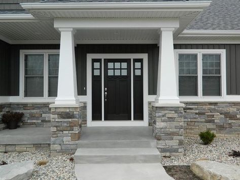 Murphy Residence Craftsman Home Exterior, Grey Siding, Gray House Exterior, Glass Railings, Exterior Window, Craftsman Door, Window Trim Exterior, Craftsman Exterior, Outdoor Remodel