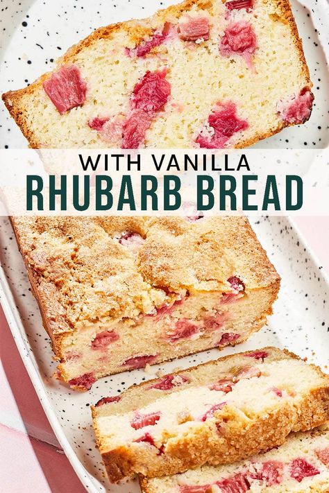 Rhubarb Bread Just right for spring, vanilla rhubarb bread is made with cream and butter for a rich loaf cake. Serve with afternoon coffee for a not-too-sweet treat. Rhubarb Loaf Recipes, Rhubarb Loaf, Rhubarb Scones, Best Rhubarb Recipes, Mini Bread Loaves, Rhubarb Bread, Freeze Rhubarb, Strawberry Icebox Cake, Pineapple Bread