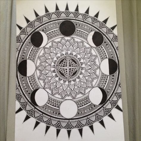 Black and white moon phase mandala by kyla.morris.art #mandala #art #drawing #flower #moon #moonphase #blackandwhite #sacredgeometry #geometry #sketch #artwork #zentangle Mandala Drawing Unique, Moon Phase Mandala, Geometry Sketch, Mandala Art Drawing, Black And White Moon, Mandala Images, Mandala Ideas, Stenciled Table, Moon Mandala