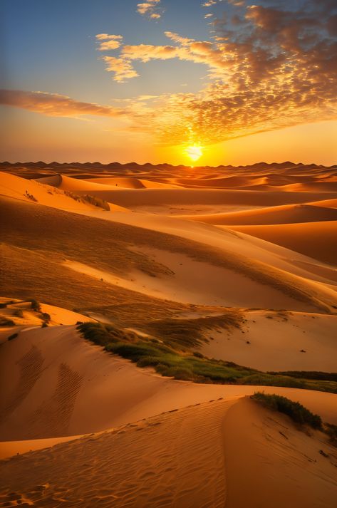 Dubai's desert unveils its magic in this stunning image. Golden dunes, hidden plateaus, canyons, and hot springs create a breathtaking landscape under a vibrant sunset. #DubaiDesert #DesertAdventure Painting The Sky, Desert Adventure, Natural Hot Springs, Desert Dunes, Dubai Desert, Desert Sunset, Sunset Landscape, Sunset Painting, Unforgettable Memories