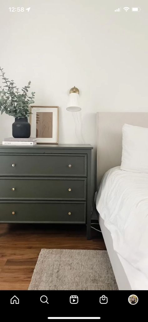 Small Green Dresser, Dresser Night Stand, Dressers As Side Tables, Pop Of Color Dresser, Neutral Bedroom Decor Dressers, Bedroom Dresser Under Tv Decor, Bedroom Dresser In Front Of Window, Bedroom Green Furniture, Nightstand Paint Colors