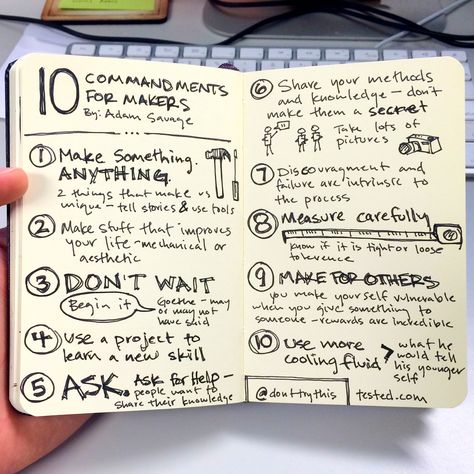 Adam Savage Workshop, Adam Savage, How To Bullet Journal, Maker Ideas, Maker Faire, Buch Design, Commonplace Book, 10 Commandments, Sketch Notes