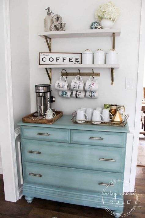 Morning Room Decor, Aqua Dresser, Bars In Kitchen, Diy Coffee Station, Repurposed Dresser, Diy Coffee Bar, Farmhouse Coffee Bar, Coffee Bar Design, Diy Dresser Makeover