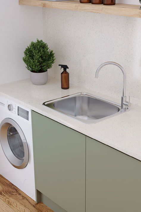 Fienza laundry sink and tap Terrazzo Sink, Free Standing Sink, Topmount Sink, Shower Basin, Green Sink, Chrome Taps, Laundry Design, Bathroom Sink Taps, Laundry Essentials