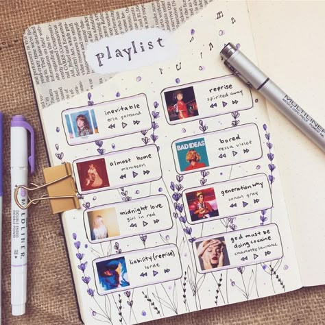 Music Bujo Playlist Spreads That Will Beautify Your Journal - KAYNULI Playlist Journal, Drawing Ideas Color, Music Journal, Bullet Journal Tracker, Tracker Ideas, Wallpaper Music, Bullet Journal Spreads, Room Storage Ideas, Drawing Ideas Creative