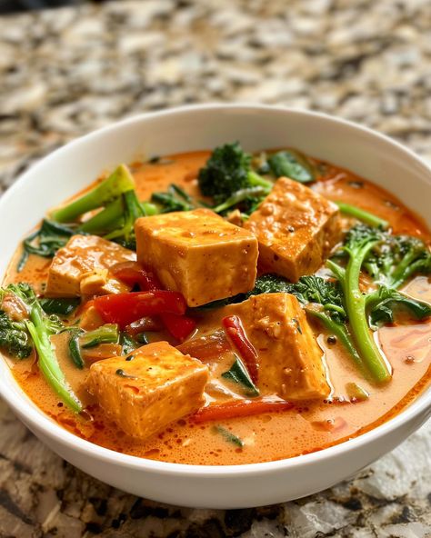 Vegan Thai Red Curry 🍛🌱 Rich, vegan and comforting, oh and some delicious tofu and vegetables, what more could you ask for. Follow @plantiful.palate for more recipes��🗒️ Recipe: Ingredients: - 300g firm tofu, cubed - 1 tbsp vegetable oil - 2 tbsp red curry paste - 1 can (400ml) coconut milk - 1 red pepper, thinly sliced - 100g broccoli florets - 100g spinach leaves - 1 tbsp soy sauce - 1 tsp maple syrup - 1 tsp lime juice - Salt, to taste - Fresh coriander, chopped (optional) Method: 1. He... Tofu With Coconut Milk, Tofu Vegetable Curry, Red Curry Paste Recipe, Tofu Coconut Curry, Red Curry Tofu, Vegan Thai Red Curry, Thai Vegetable Curry, Vegan Thai Curry, Tofu Curry