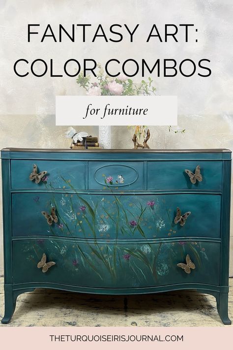 Learn how to paint fantasy inspired furniture with these tips from The Turquoise Iris Journal curator Renee Smith Mermaid Furniture Diy, Art Color Combinations, Teal Painted Furniture, Turquoise Painted Furniture, Turquoise Furniture, Peacock Colors, Inspired Furniture, Learn How To Paint, Furniture Painting