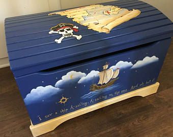 pirate toy box, hand painted kids furniture, hand painted furniture, toy boxes, children's furniture, boys toy chest Painted Kids Furniture, Boys Toy Chest, Painted Toy Boxes, Boys Toy Box, Painting Kids Furniture, Kids Toy Chest, Pirate Toys, Kids Bench, Diy Kids Furniture