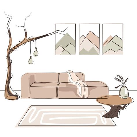 Interior Design Of Living Room, Nature Interior Design, Interior Organic, Living Room Vector, Interior Design Vector, Living Room With Sofa, Room With Sofa, Modern Minimalist Interior Design, Sofa Drawing