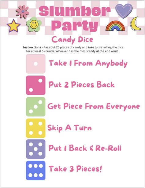 Birthday Party Teen Games, 13 Birthday Games Ideas, Bday Party Games, Sleepover Candy, Things To Do At Birthday Parties For Teens Fun Games, Fun Games To Play At A 13th Birthday Party, Games For Thirteenth Birthday, Candy Dice Game, Fun Sleepover Activities