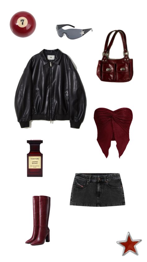 red boots, red top, black denim skirt, black leather jacket, red bag Dark Red Skirt Outfit, Dark Red Bag Outfit, Dark Denim Skirt Outfit, Red Leather Jacket Outfit, Black Leather Skirt Outfit, Red Bag Outfit, Red And Black Outfit, Red Skirt Outfits, Denim Skirt Black