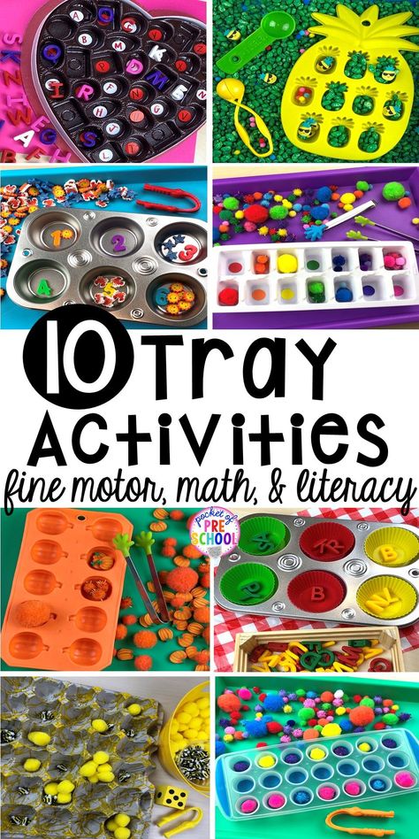 Fun tray activities to develop fine motor, literacy, and math skills your preschoolers, per-k, and toddler kiddos will LOVE! #preschool #preschoolmath #letteractivities #finemotor #sensory Pk Activities, Centers Preschool, Tk Ideas, Letter Matching Game, Preschool Numbers, Pocket Of Preschool, Preschool Fine Motor Skills, Preschool Fine Motor Activities, Toddler Class