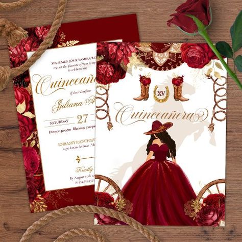 $2.95 | Burgundy Gold Western Charro 2-Sided Quinceanera - western, charro, rodeo, charra cowgirl cowboy, red floral, burgundy gold, red roses, elegant, mariachi, sombrero Red And Gold Quinceanera Decorations, Charro Quinceanera Theme, Red Quince Theme, Charro Theme, Red Quinceanera Ideas, Sweet 15 Party Ideas Quinceanera, Sweet 15 Party Ideas, Quince Invitations, Quince Decorations