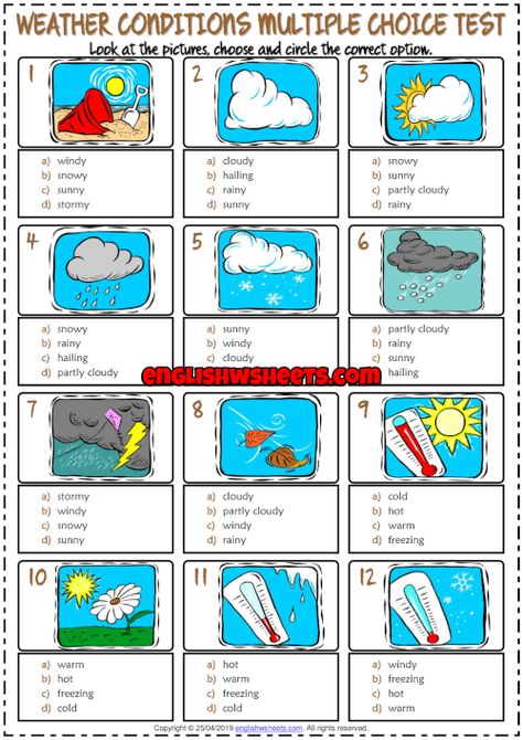 Weather Conditions ESL Printable Multiple Choice Test For Kids Weather Conditions Worksheet, Ingles Kids, Weather Games, Learning Weather, Weather Worksheets, Weather Activity, Weather Vocabulary, Test For Kids, Multiple Choice Test