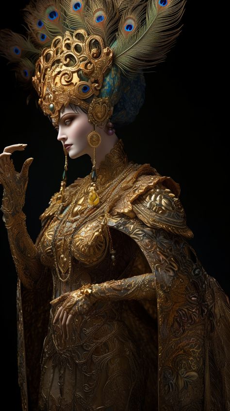 Peacock Goddess, Bird Helmet, Gods Mythology, Female Peacock, Peacock Mask, Golden Mask, Rendering Techniques, Angel Design, Elemental Magic