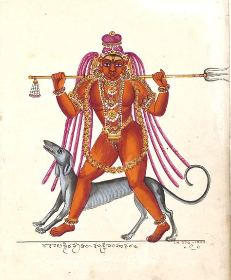 Kala-Bhairava, an emanation of the god Shiva, with trident and hound, Trichinopoly, ca. 1825. http://collections.vam.ac.uk/item/O41848/kala-bhairava-an-emanation-of-painting-unknown/ Bhairava God Art, Kala Bhairava, Hindu Cosmos, Mysore Painting, Scratchboard Art, Apocalypse Art, Mughal Paintings, Indian Painting, God Shiva