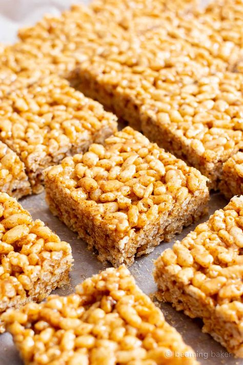 3 Ingredient Healthy Vegan Rice Crispy Treats - Beaming Baker Protein Rice Crispy Treats, Vegan Rice Crispy Treats, Healthy Rice Krispie Treats, Vegan Rice Krispie Treats, Beaming Baker, Chocolate Rice Crispy Treats, Crispy Treats Recipe, Rice Crispy Treats Recipe, Healthy Slice