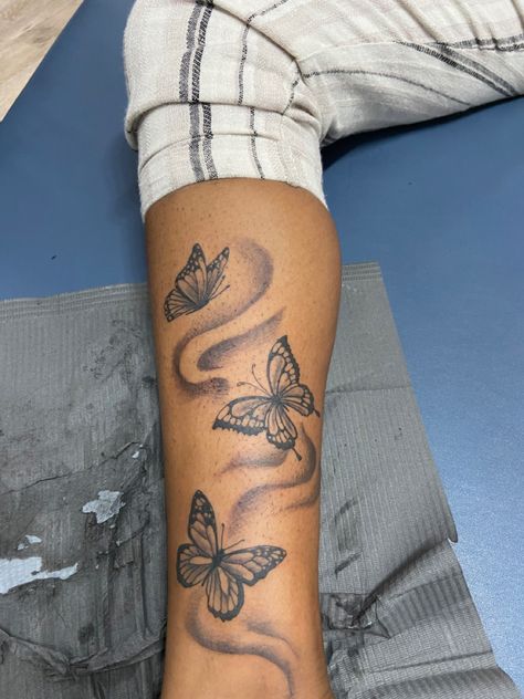 Butterflys Up Leg Tattoo, Women Side Leg Tattoo, Butterfly Thigh Sleeve Tattoo, Butterflies On Leg Tattoos, Butterflies Going Up Leg Tattoo, Leg Tattoos Women Butterflies, Medium Leg Tattoos Women, Small Shin Tattoos For Women, Butterflies Leg Tattoo