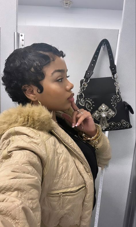 Pixie Slicked Back, Slick Down Pixie Black Women, Slicked Pixie Cut, Short Slicked Back Hair Women Black, Slick Down Short Hair Black Women, Arcane Oc, Head Hairstyles, Finger Waves Short Hair, Finger Wave Hair