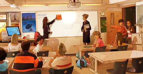 Another Classroom Scene by CarlPearce on DeviantArt Classroom Illustration, Classroom Scene, Children's Book Characters, School Background, Earth Drawings, Life Study, Anime Classroom, Perspective Drawing Lessons, Scene Drawing