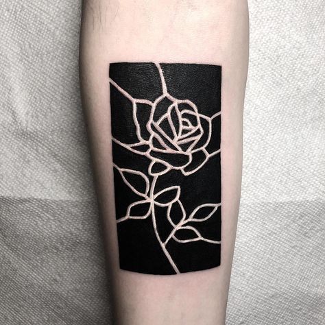 Blackwork stained glass rose by Martin Kelly at Body Electric in Hollywood CA Black Square Tattoo Design, Solid Black Tattoo Cover Up, Small Blackout Tattoo, Blackwork Tattoo Coverup, Black Square Tattoo, Tatuaje Cover Up, Square Tattoo, Siren Tattoo, Stained Glass Tattoo