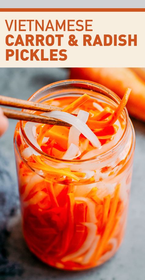 Make carrot and daikon radish pickles at home, with just 5 ingredients and 30 minutes! These Vietnamese-inspired pickles are crunchy, tangy, and slightly sweet! #vietnamese #pickles #plantbased #vegan Vietnamese Pickled Vegetables, Pickled Carrots And Daikon, Radish Pickles, Quick Pickled Carrots, Radish Recipe, Banh Mi Recipe, Banh Mi Sandwich, Daikon Radish, Vegan Cheese Recipes